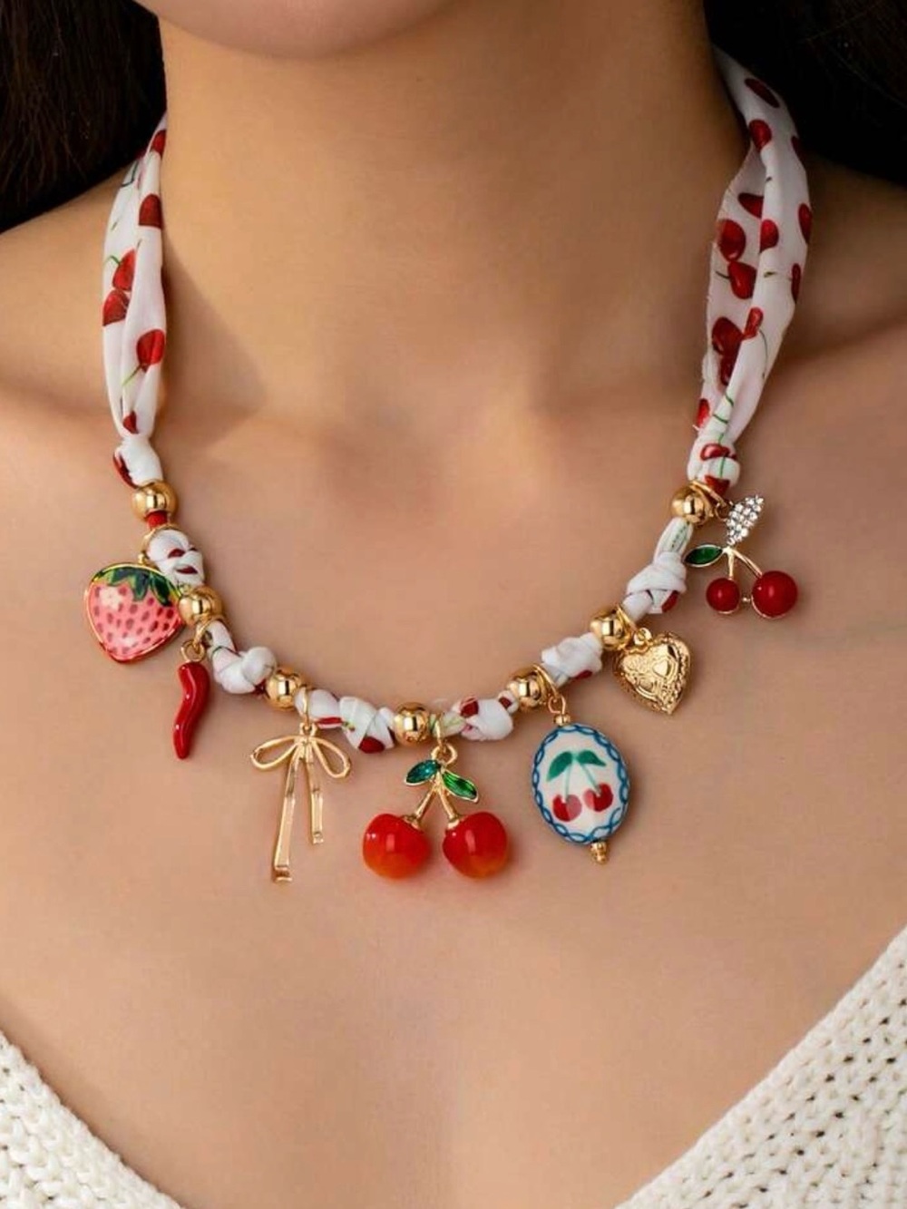 Cherry & Fruit Charm Scarf Necklace